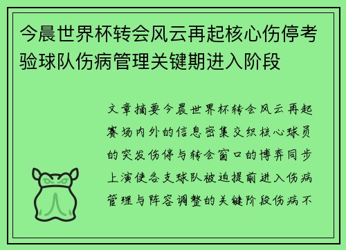 今晨世界杯转会风云再起核心伤停考验球队伤病管理关键期进入阶段